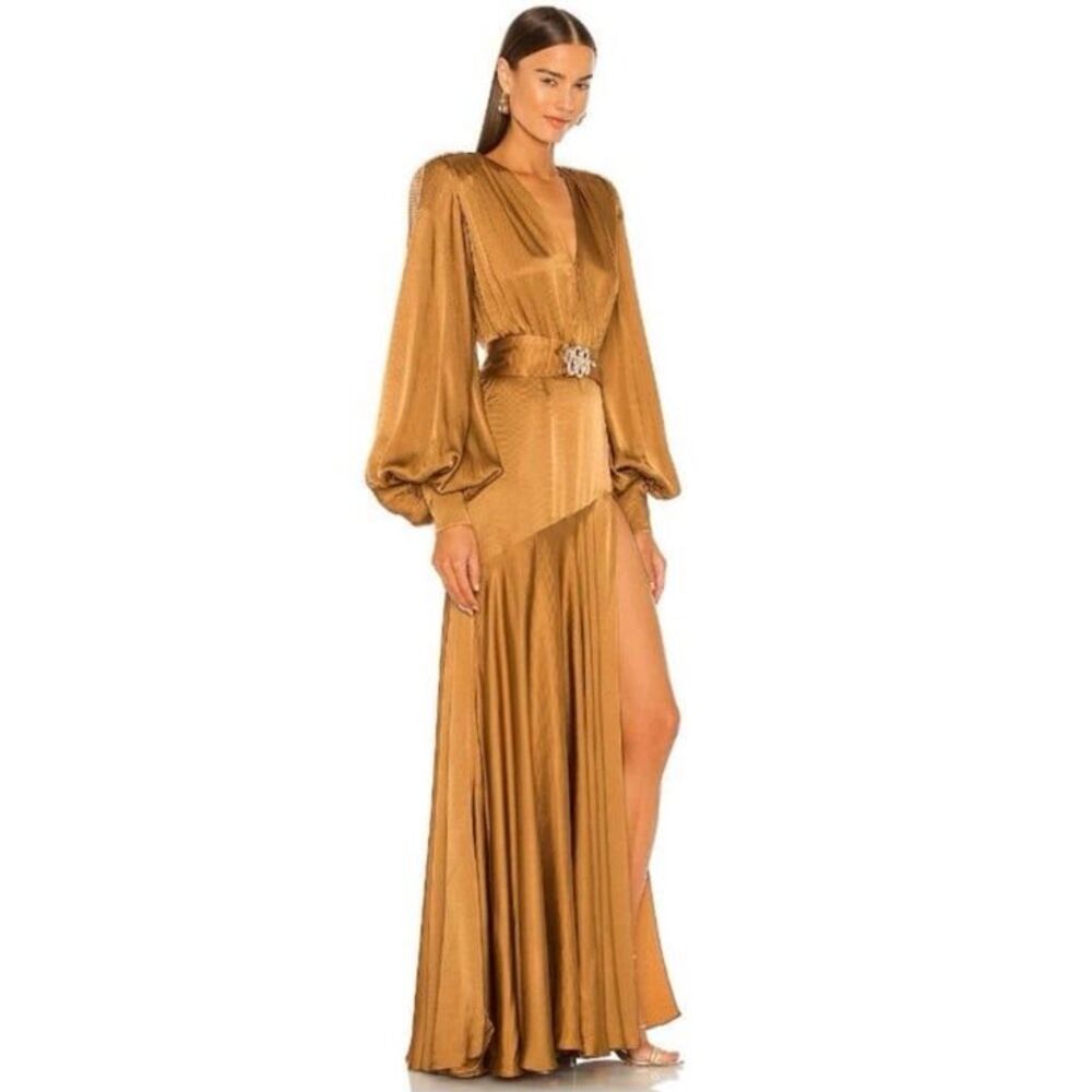 NWT Bronx and Banco Blouson-Sleeve Silk Carmen Dress in Gold Size 6 - Picture 2 of 12